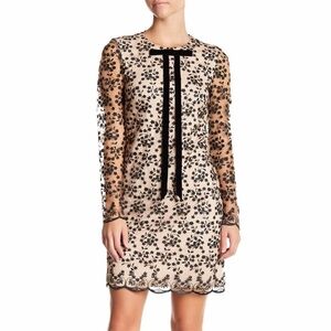 Betsey Johnson Long-Sleeve Lace Mini Dress - Black/Cream, Size 2